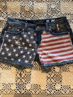 Miss Me Blue and Red Sequin American Flag Jean Shorts